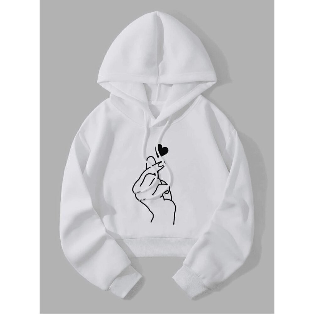 SHEIN EZwear Gesture & Heart Print Drop Shoulder Drawstring Thermal Hoodie